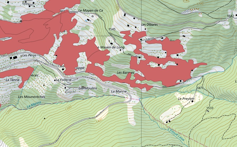 swisstopo national map showing the protected perimeter of Mase (Dry meadow)