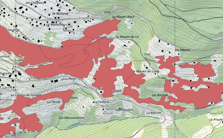 Landeskarte swisstopo mit dem Schutzperimeter von Mase (Trockenwiese)