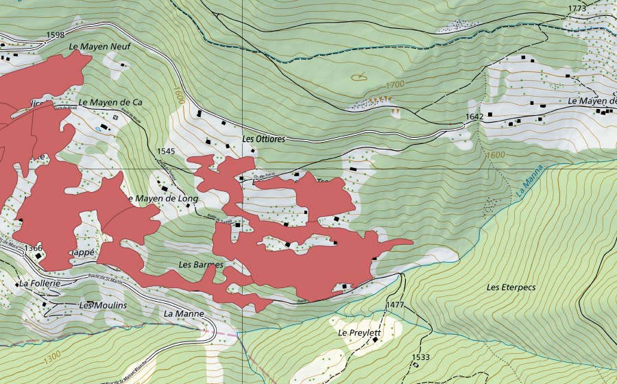 Landeskarte swisstopo mit dem Schutzperimeter von Mase (Trockenwiese)