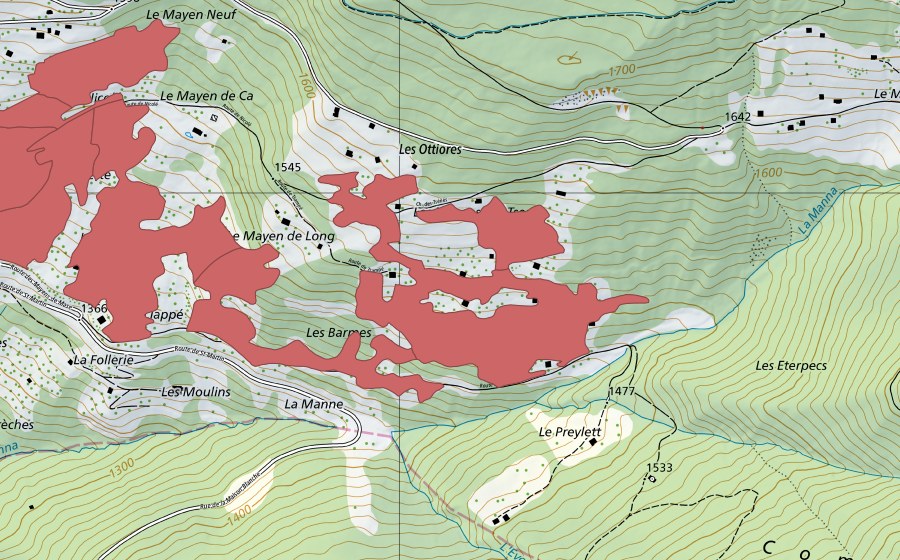 Landeskarte swisstopo mit dem Schutzperimeter von Mase (Trockenwiese)