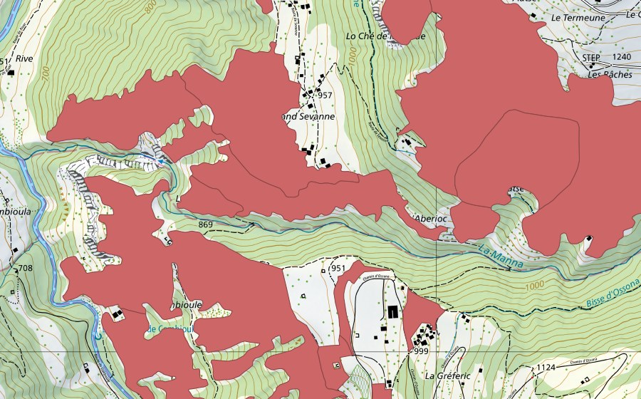 swisstopo national map showing the protected perimeter of Mase (Dry meadow)
