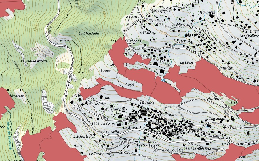 swisstopo national map showing the protected perimeter of Mase (Dry meadow)