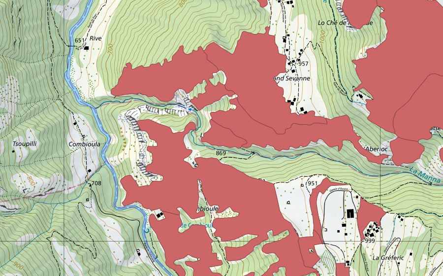 swisstopo national map showing the protected perimeter of Mase (Dry meadow)