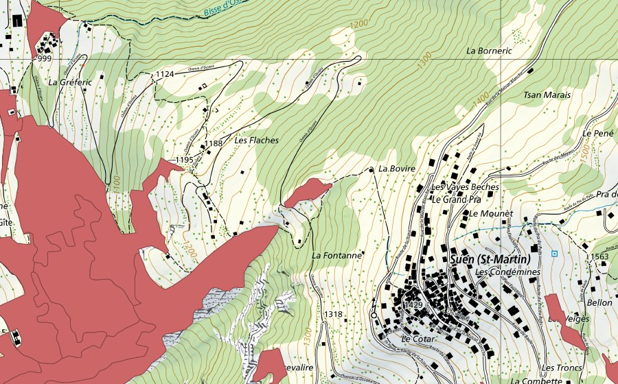 Landeskarte swisstopo mit dem Schutzperimeter von Mase (Trockenwiese)