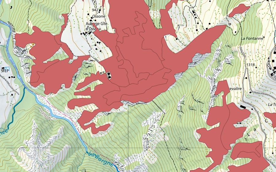 swisstopo national map showing the protected perimeter of Mase (Dry meadow)