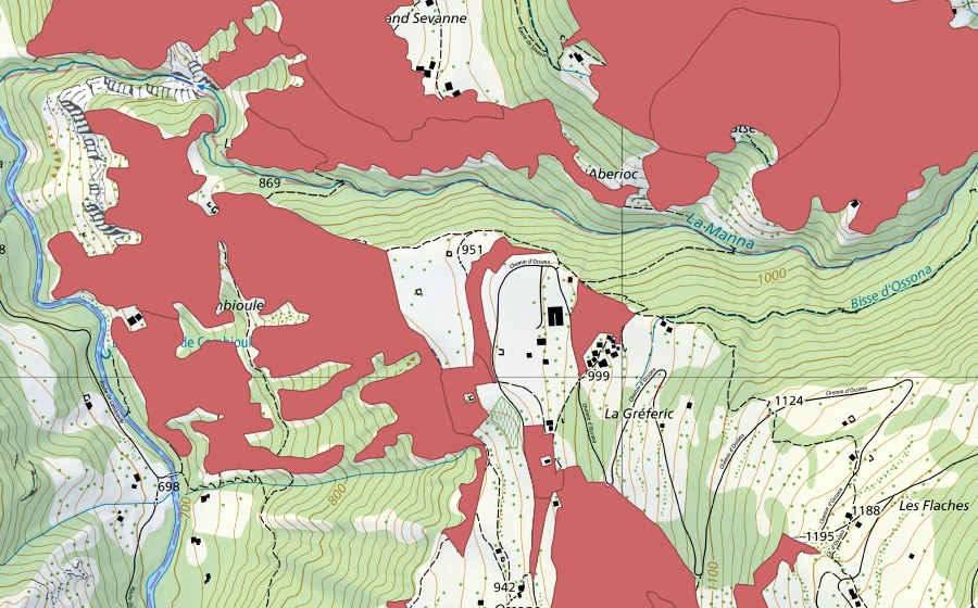 swisstopo national map showing the protected perimeter of Mase (Dry meadow)
