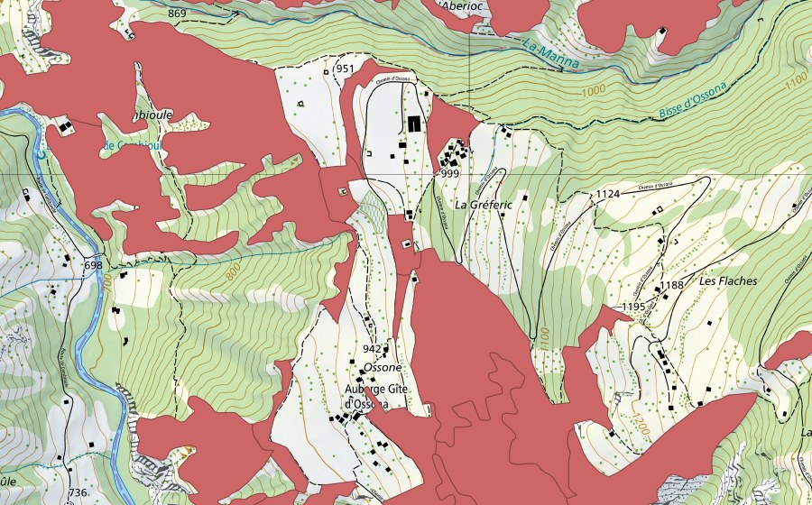 swisstopo national map showing the protected perimeter of Mase (Dry meadow)