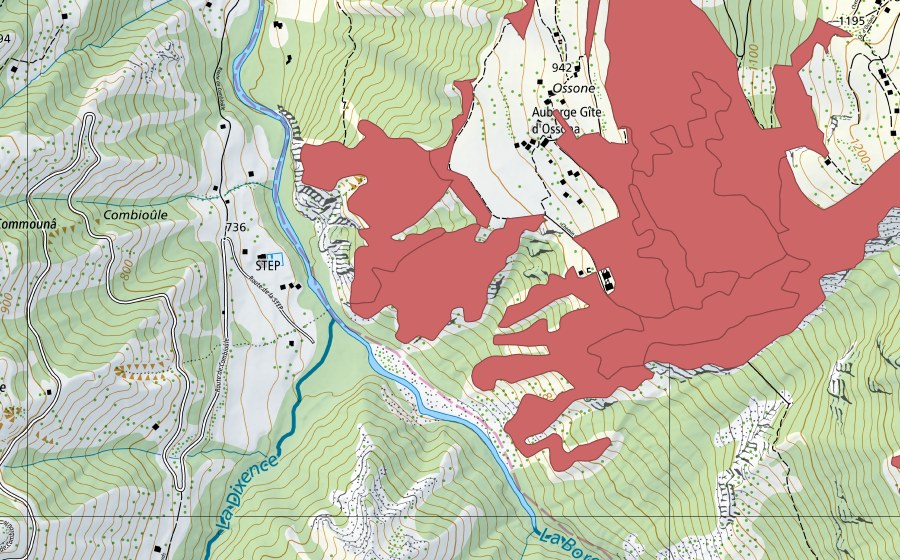 swisstopo national map showing the protected perimeter of Mase (Dry meadow)
