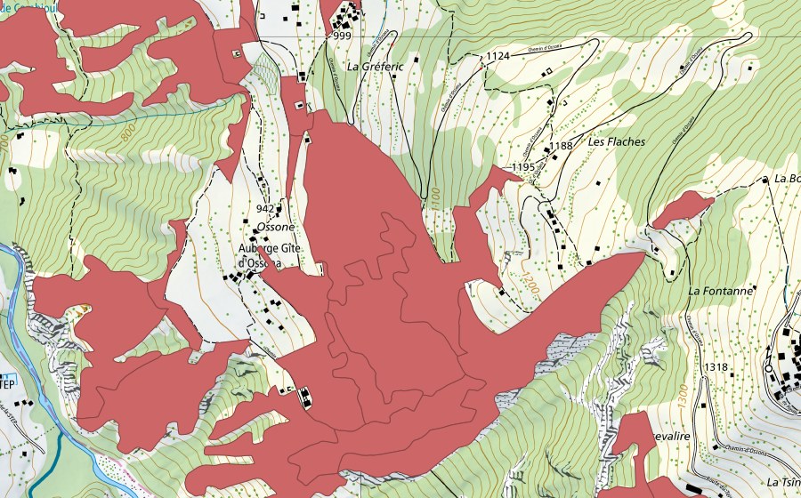 swisstopo national map showing the protected perimeter of Mase (Dry meadow)