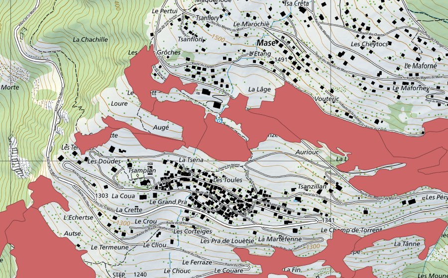 Carte nationale swisstopo avec le périmètre protégé de Mase (Prairie sèche)