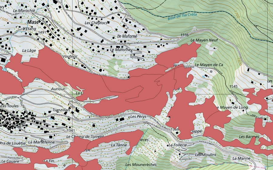 swisstopo national map showing the protected perimeter of Mase (Dry meadow)