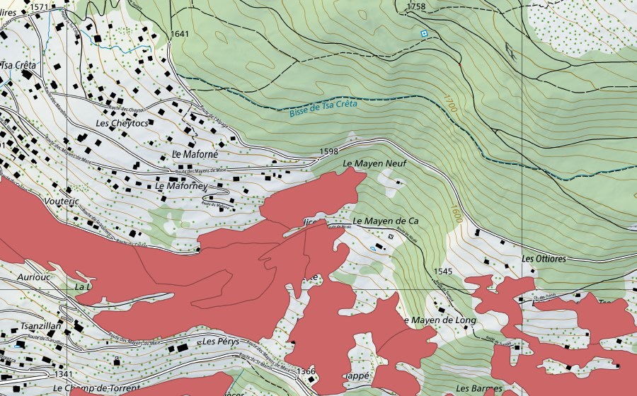 Landeskarte swisstopo mit dem Schutzperimeter von Mase (Trockenwiese)