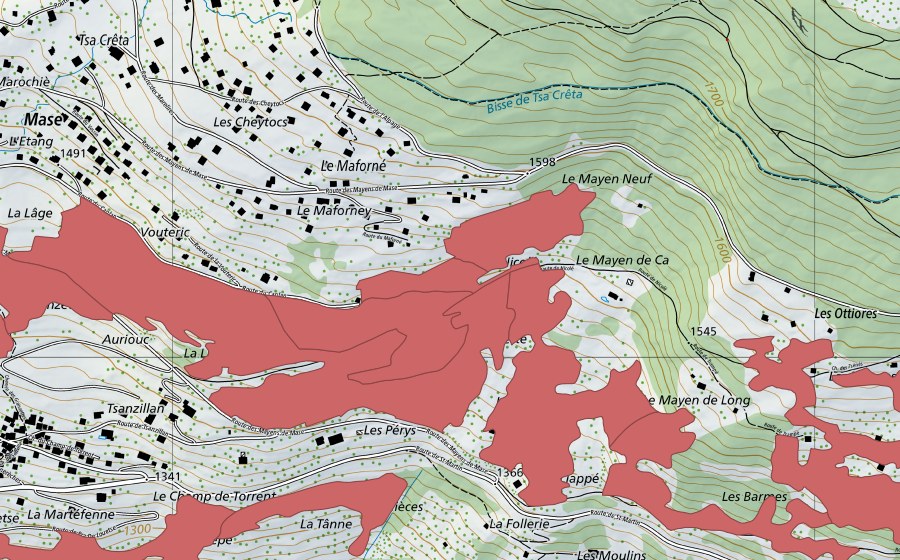 swisstopo national map showing the protected perimeter of Mase (Dry meadow)