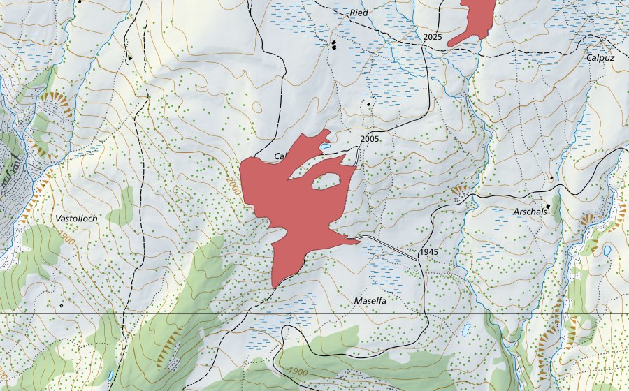 Carte nationale swisstopo avec le périmètre protégé de Maselfa (Prairie sèche)