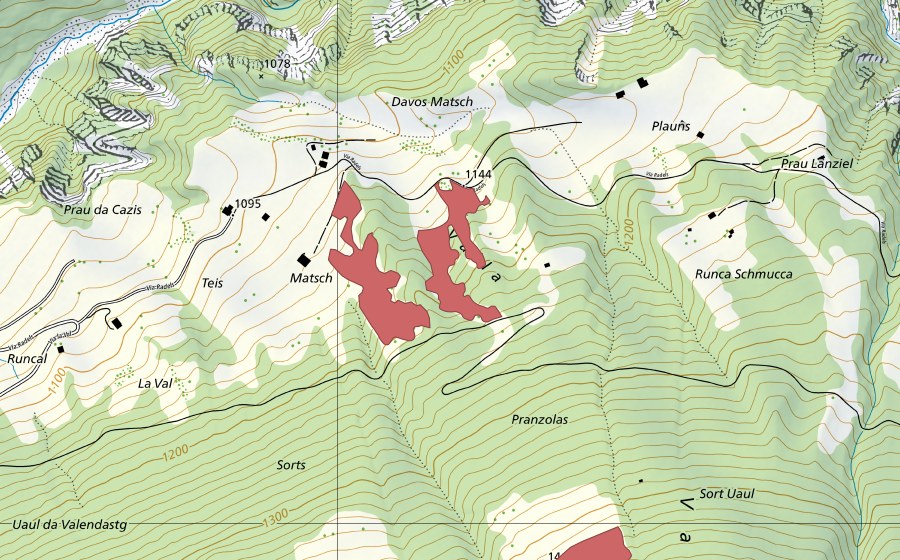 Carte nationale swisstopo avec le périmètre protégé de Matsch (Prairie sèche)