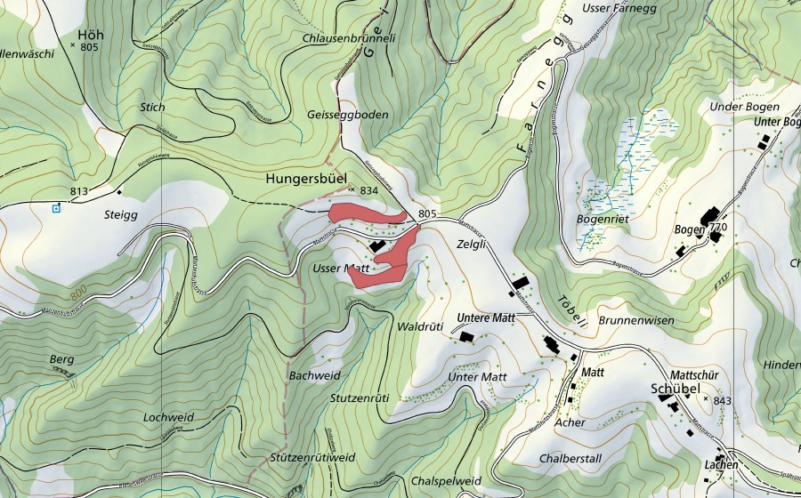 Carte nationale swisstopo avec le périmètre protégé de Matt (Prairie sèche)