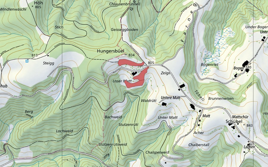 swisstopo national map showing the protected perimeter of Matt (Dry meadow)
