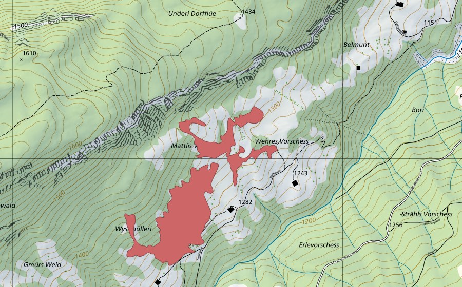 Carte nationale swisstopo avec le périmètre protégé de Mattis Vorschess (Prairie sèche)