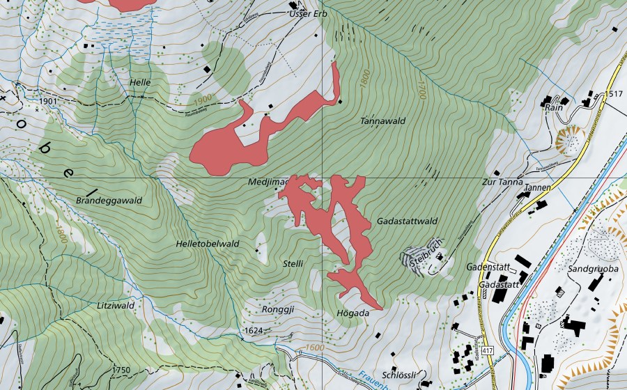 Carte nationale swisstopo avec le périmètre protégé de Mättjen (Prairie sèche)