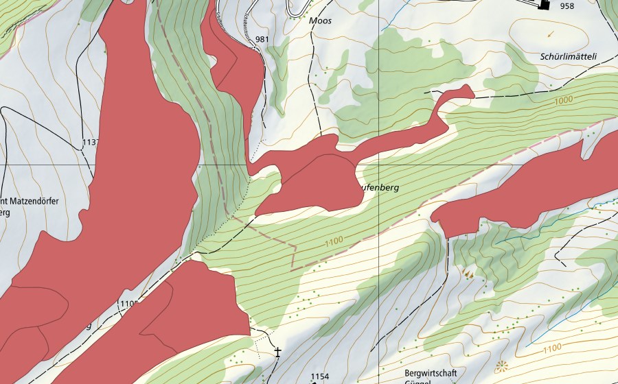 Landeskarte swisstopo mit dem Schutzperimeter von Matzendörfer Stierenberg (Trockenwiese)