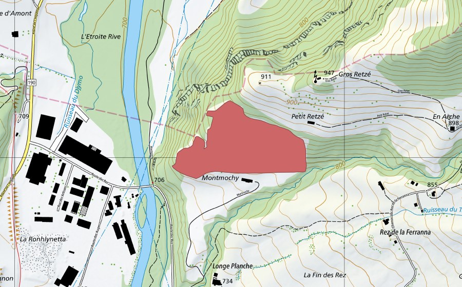 swisstopo national map showing the protected perimeter of Maumochy (Dry meadow)