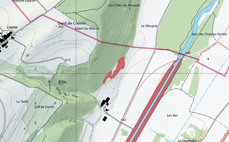 Carte nationale swisstopo avec le périmètre protégé de Maupas (Prairie sèche)