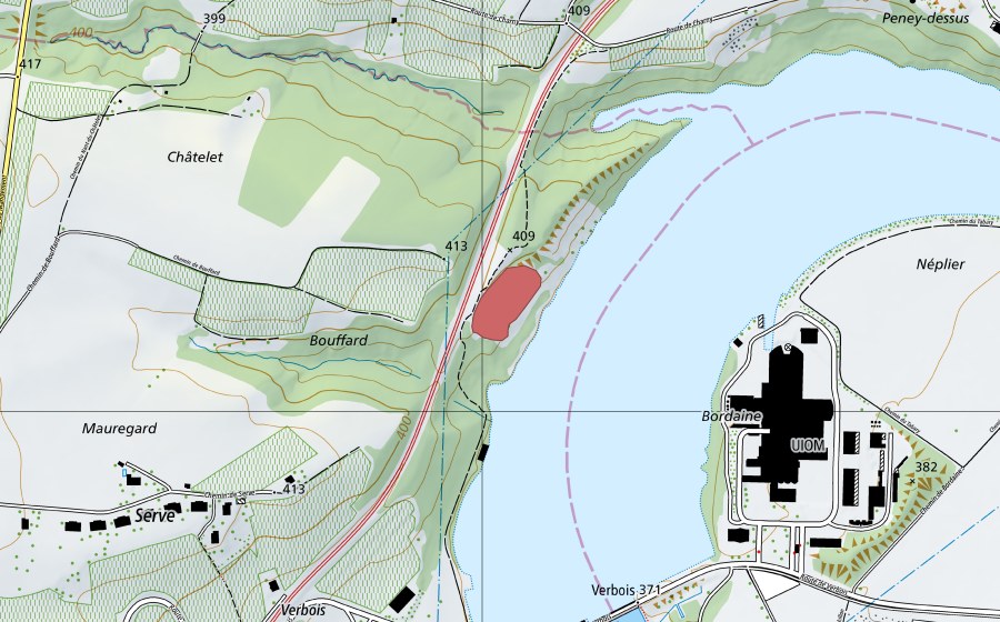Carte nationale swisstopo avec le périmètre protégé de Mauregard (Prairie sèche)