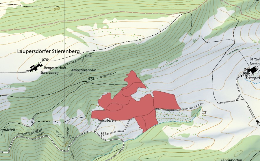 Landeskarte swisstopo mit dem Schutzperimeter von Mausteren (Trockenwiese)