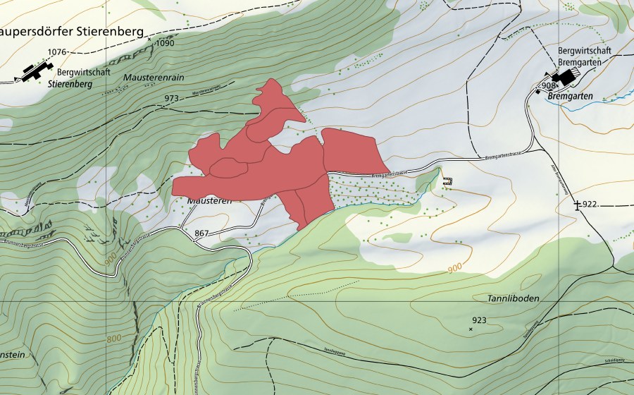 Carte nationale swisstopo avec le périmètre protégé de Mausteren (Prairie sèche)