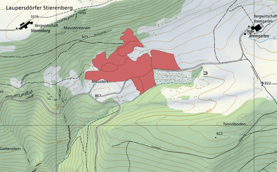 Landeskarte swisstopo mit dem Schutzperimeter von Mausteren (Trockenwiese)