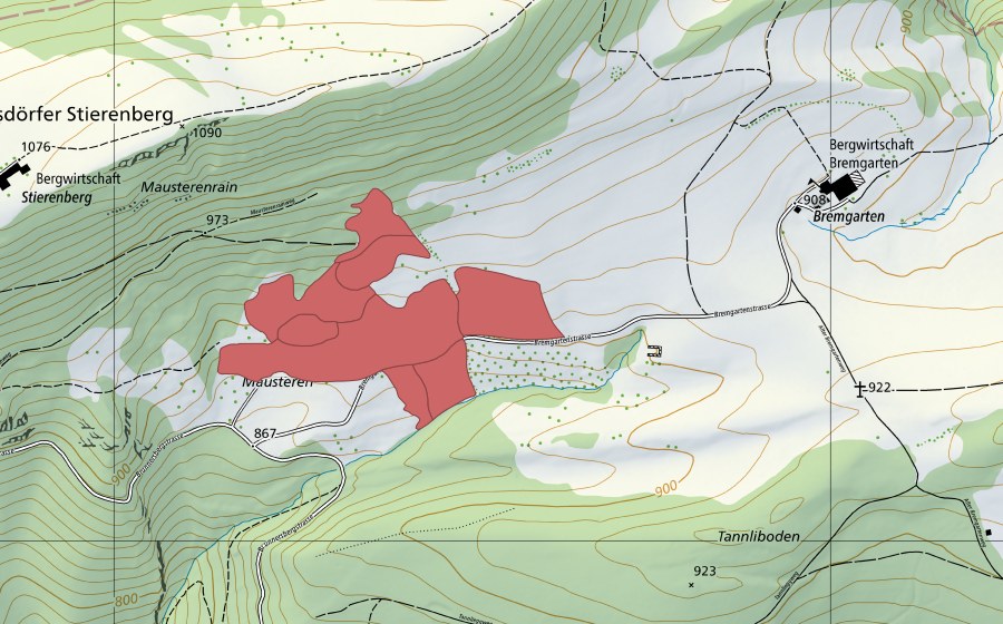 Landeskarte swisstopo mit dem Schutzperimeter von Mausteren (Trockenwiese)