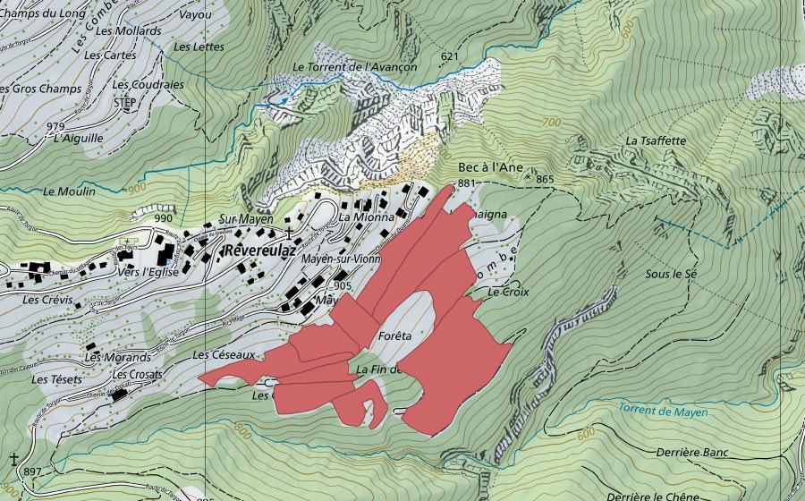 Carte nationale swisstopo avec le périmètre protégé de Mayen (Prairie sèche)