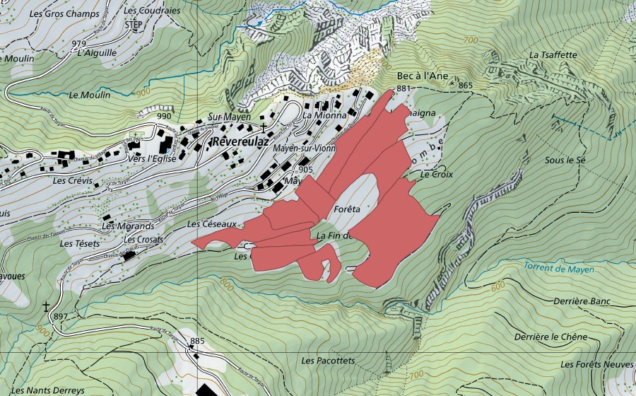 Carte nationale swisstopo avec le périmètre protégé de Mayen (Prairie sèche)