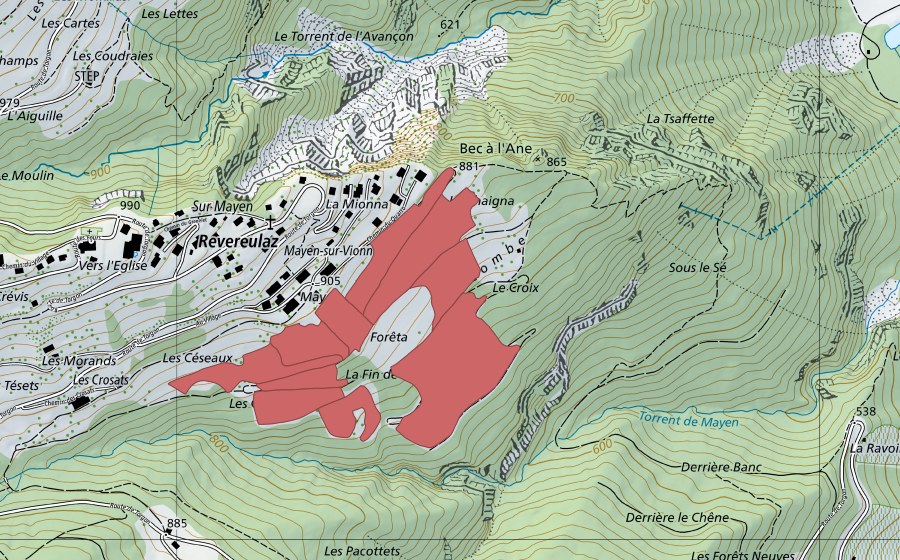 Carte nationale swisstopo avec le périmètre protégé de Mayen (Prairie sèche)