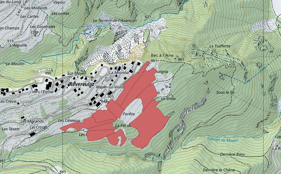 Carte nationale swisstopo avec le périmètre protégé de Mayen (Prairie sèche)