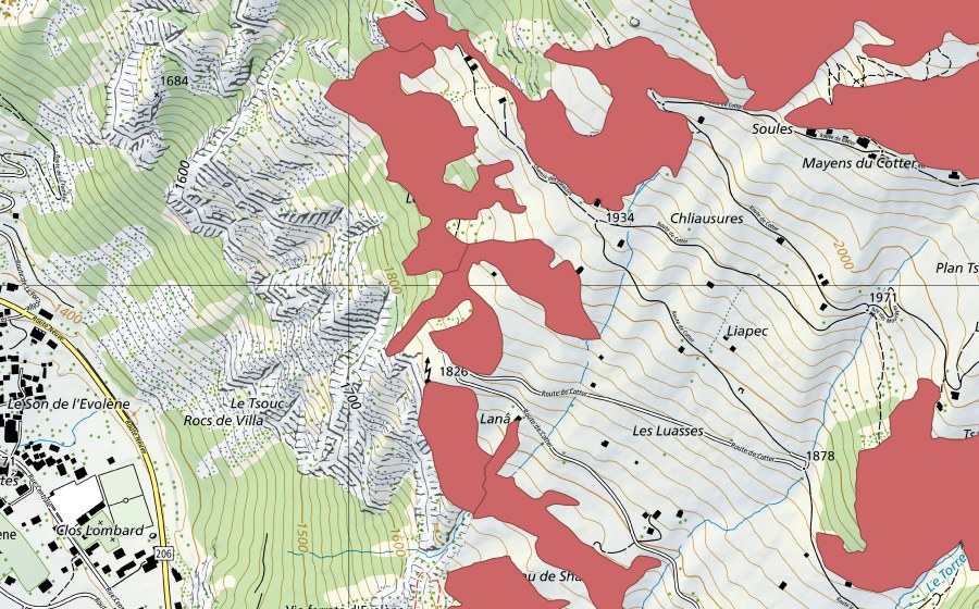 Carte nationale swisstopo avec le périmètre protégé de Mayens de Cotter (Prairie sèche)