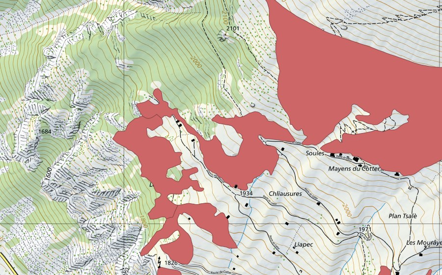 Carte nationale swisstopo avec le périmètre protégé de Mayens de Cotter (Prairie sèche)