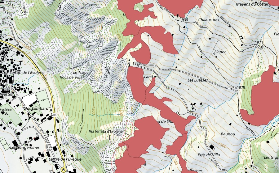 Landeskarte swisstopo mit dem Schutzperimeter von Mayens de Cotter (Trockenwiese)