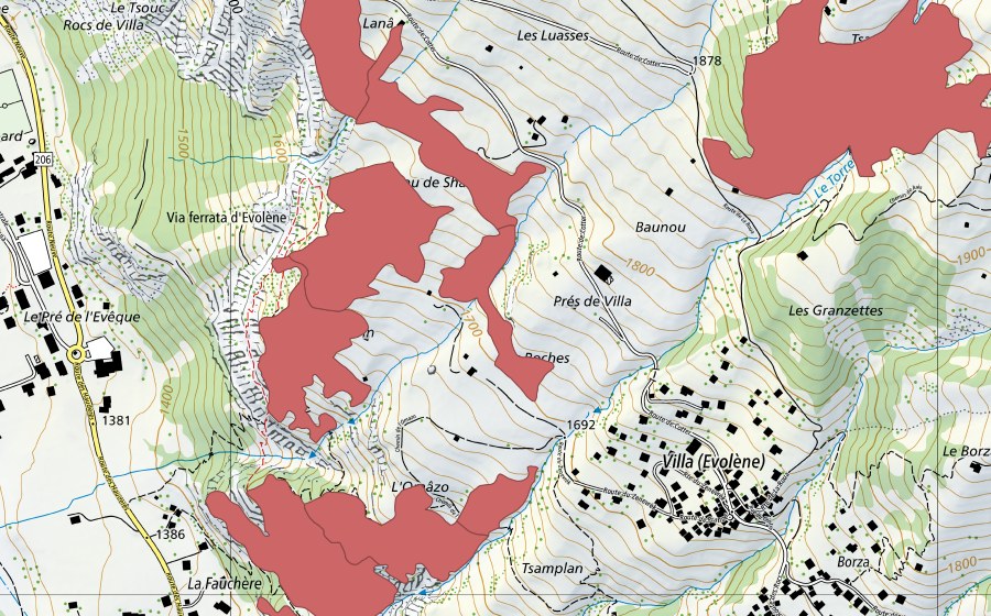 Carte nationale swisstopo avec le périmètre protégé de Mayens de Cotter (Prairie sèche)