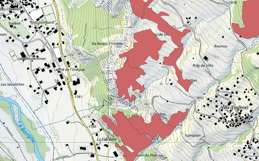 Carte nationale swisstopo avec le périmètre protégé de Mayens de Cotter (Prairie sèche)