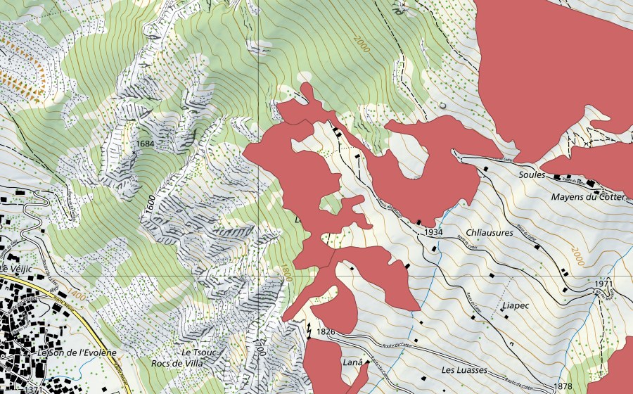 swisstopo national map showing the protected perimeter of Mayens de Cotter (Dry meadow)