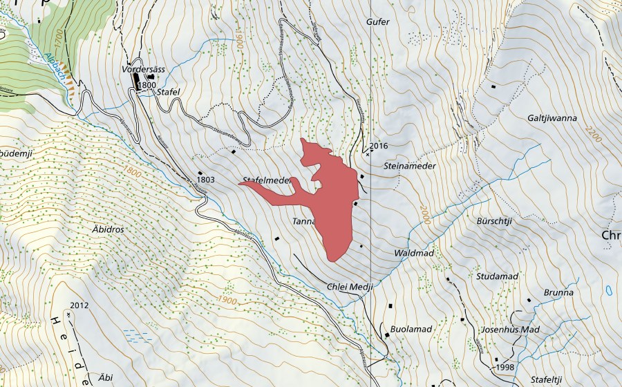 Landeskarte swisstopo mit dem Schutzperimeter von Meder (Trockenwiese)