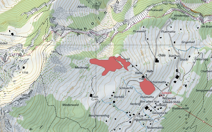 Carte nationale swisstopo avec le périmètre protégé de Mederalp (Prairie sèche)