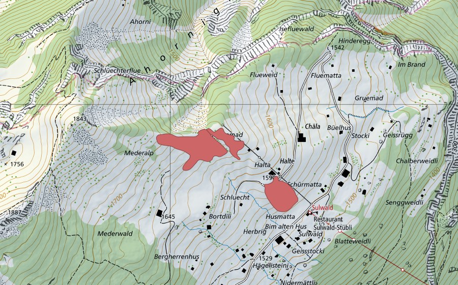 Carte nationale swisstopo avec le périmètre protégé de Mederalp (Prairie sèche)