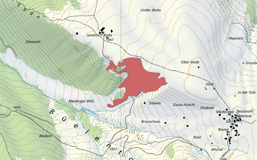 Landeskarte swisstopo mit dem Schutzperimeter von Mederger Witi (Trockenwiese)