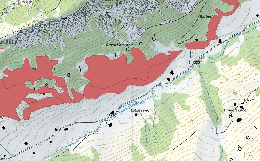 Carte nationale swisstopo avec le périmètre protégé de Meielsgrund (Prairie sèche)