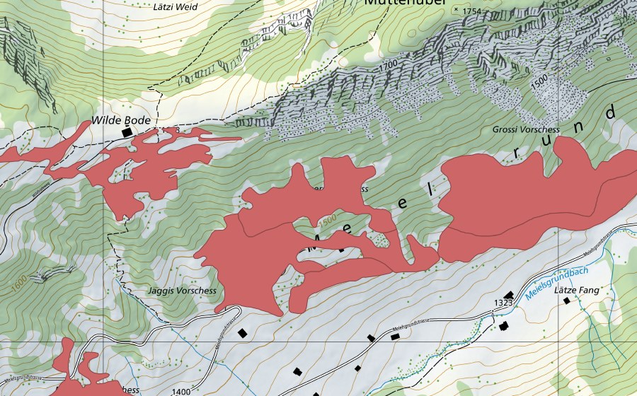 Landeskarte swisstopo mit dem Schutzperimeter von Meielsgrund (Trockenwiese)