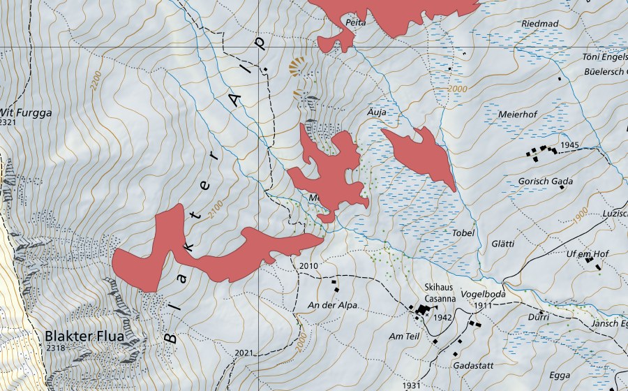Landeskarte swisstopo mit dem Schutzperimeter von Meierhof (Trockenwiese)