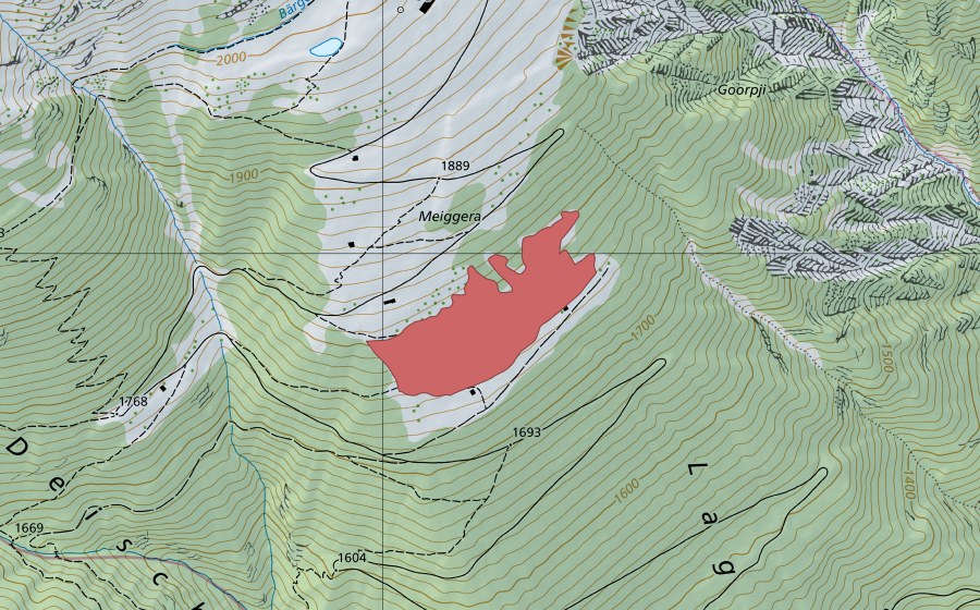 Landeskarte swisstopo mit dem Schutzperimeter von Meiggera (Trockenwiese)