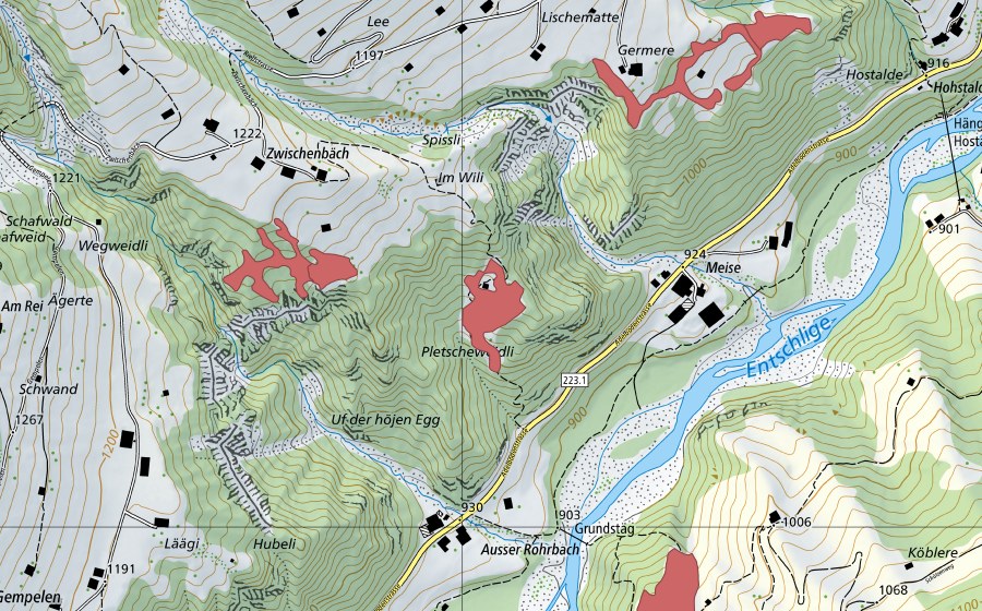 Landeskarte swisstopo mit dem Schutzperimeter von Meise (Trockenwiese)